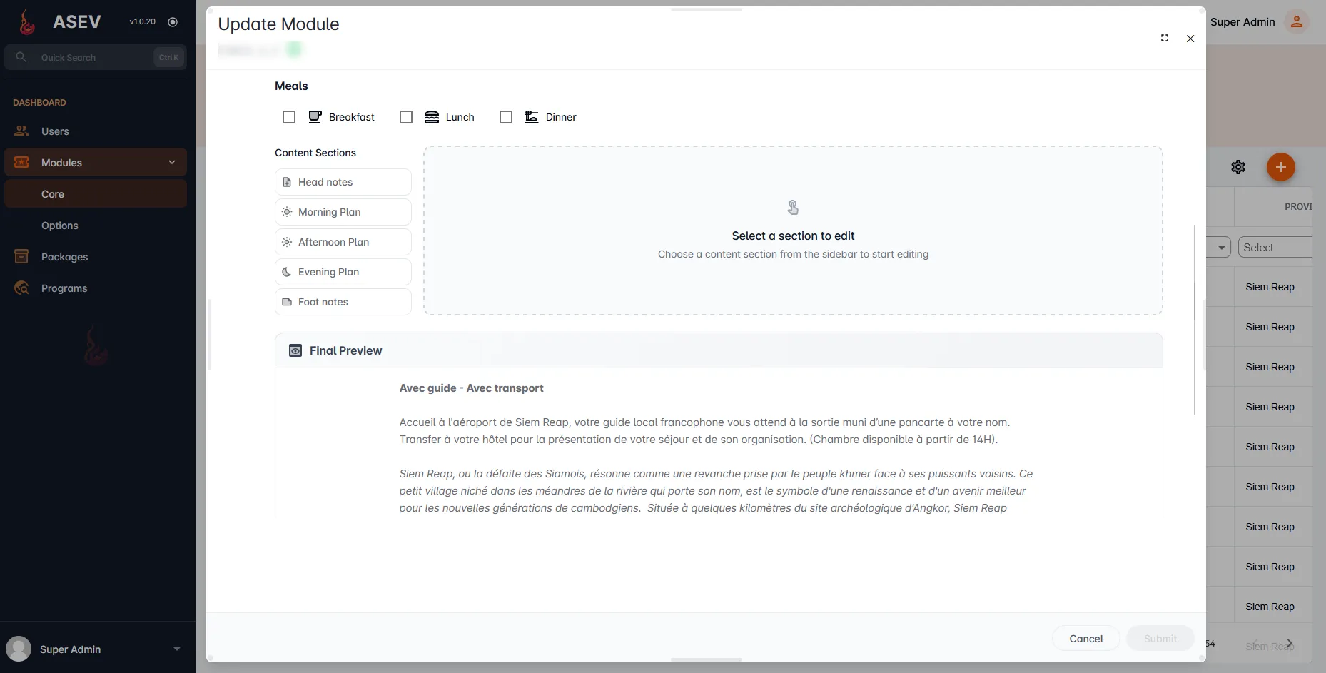 ASEV Travel - Module Details Screen